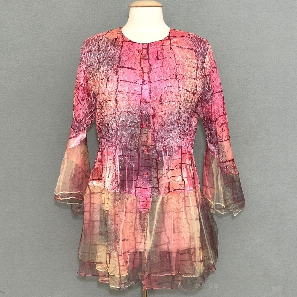 Jerry T Womens Top L Pink Crinkle Abstract Smocked Tunic Artsy Fairy Ethereal